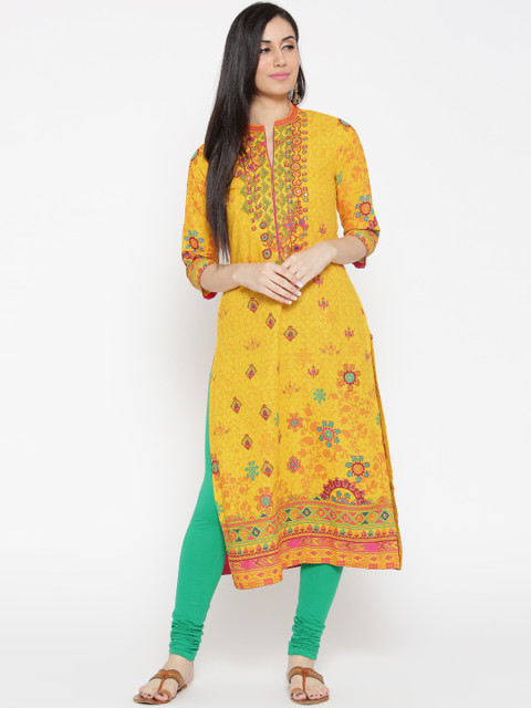 

Biba Women Yellow Printed Straight Kurta