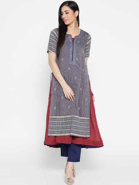 

Biba Women Navy Striped Straight Kurta, Navy blue