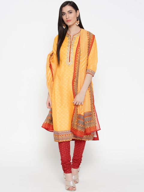 

Biba Women Yellow & Red Printed Kurta with Churidar & Dupatta