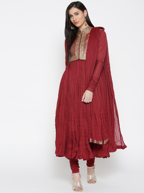 

Biba Women Maroon Solid Anarkali Kurta with Churidar Leggings & Dupatta