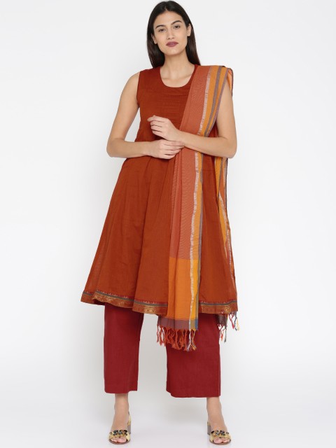 

Biba Women Rust Orange & Maroon Solid Kurta with Trousers & Dupatta