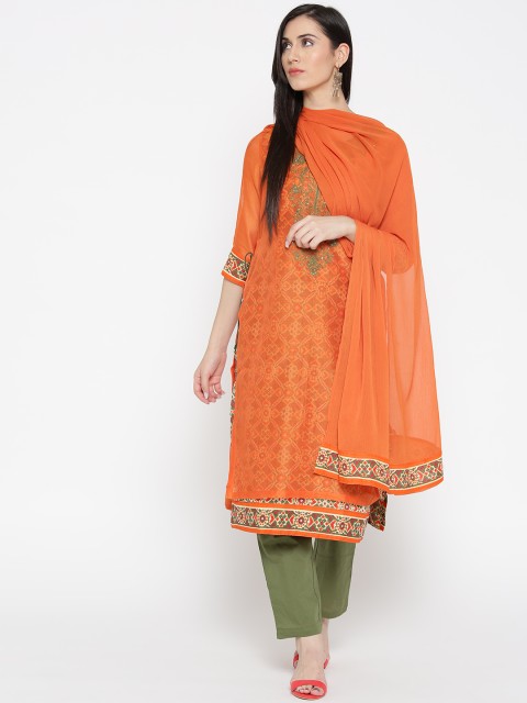 

Biba Women Orange & Olive Green Printed Layered Kurta with Trousers & Dupatta