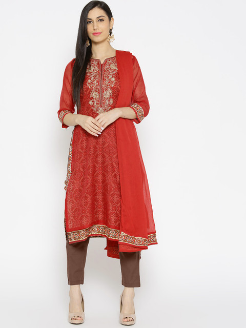 

Biba Women Red & Brown Embroidered Layered Kurta with Trousers & Dupatta