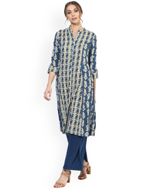 

Get Glamr Women Blue & Beige Printed A-Line Kurta