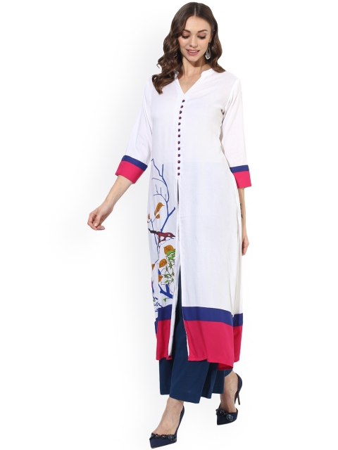 

Get Glamr Women White & Blue Printed A-Line Kurta