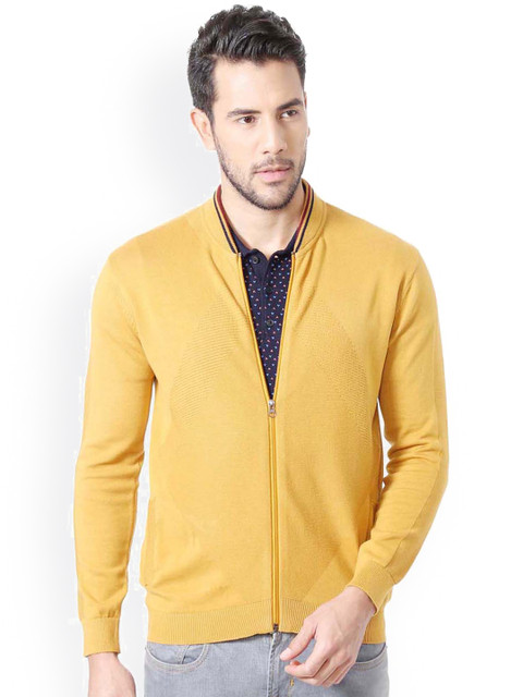 

Peter England Men Yellow Self-Design Cardigan