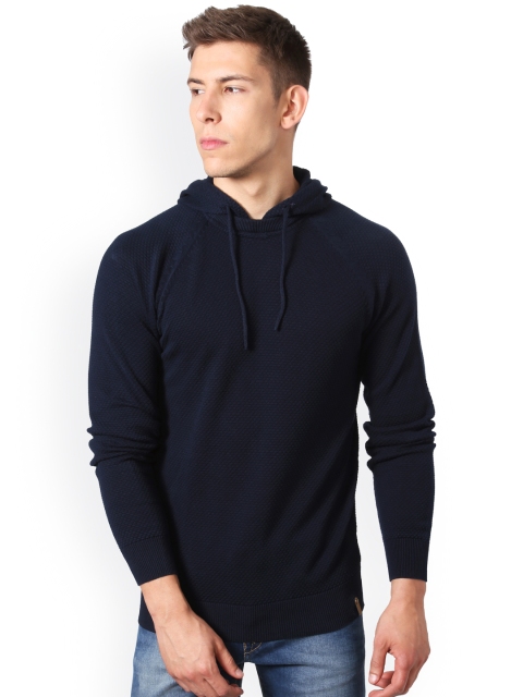 

Peter England Casuals Men Navy Blue Self-Design Hooded Pullover