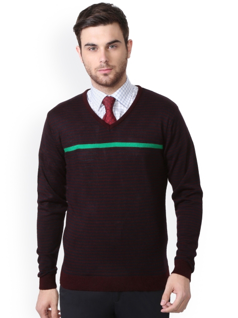 

Peter England Men Maroon & Black Striped Pullover