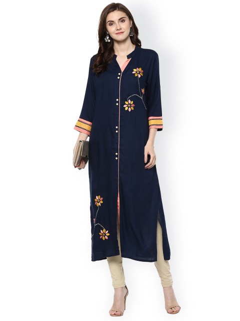 

La Firangi Women Navy Blue Embroidered Straight Kurta