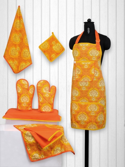 

SWAYAM Unisex Set of 8 Orange Cotton Printed Kitchen Linen Set