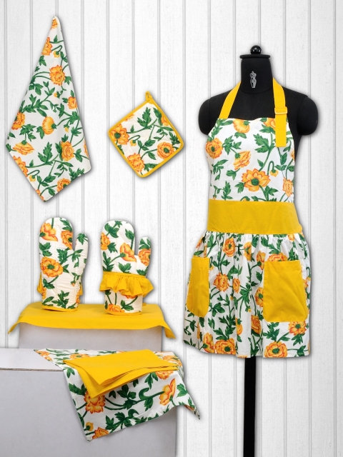 

SWAYAM Unisex Set of 8 Yellow & Off-White Cotton Printed Kitchen Linen Set