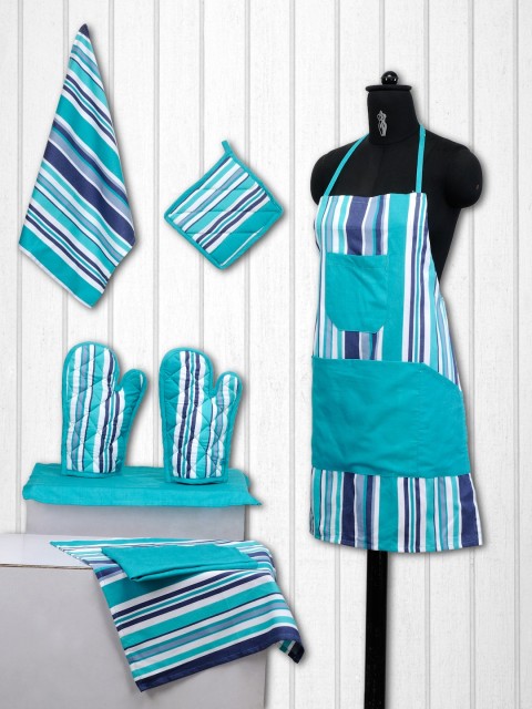 

SWAYAM Unisex Set of 8 Turquoise Blue & Off-White Cotton Printed Kitchen Linen Set