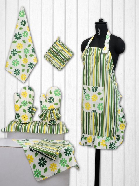 

SWAYAM Unisex Set of 8 Green & Yellow Cotton Printed Kitchen Linen Set