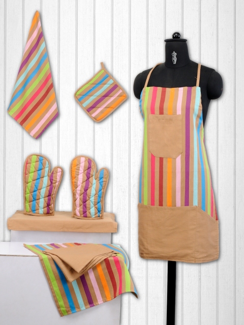 

SWAYAM Unisex Set of 8 Beige Cotton Striped Kitchen Linen Set