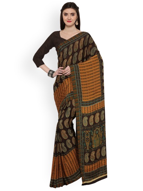 

Ligalz Brown Printed Poly Crepe Saree