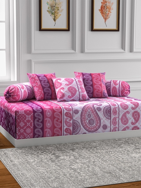 

SWAYAM Pink & Purple Printed Diwan Set with Bolster & Cushion Covers