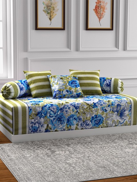 

SWAYAM Green & Blue Printed Diwan Set with Bolster & Cushion Covers