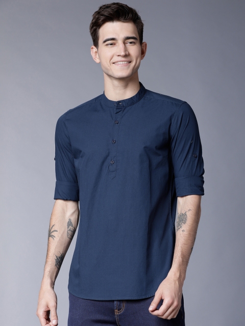 

HIGHLANDER Men Navy Solid Slim Fit Manderin Collar Shirt, Grey