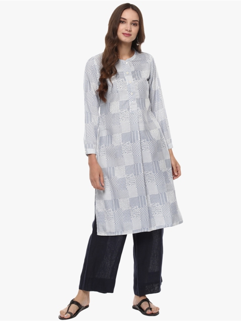 

Kira Women White & Blue Printed Straight Kurta