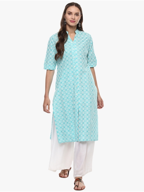 

Kira Women White & Blue Printed Straight Kurta