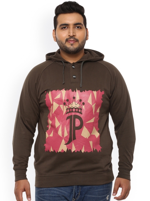 

John Pride Plus Size Men Brown Printed Hooded Sweatshirt