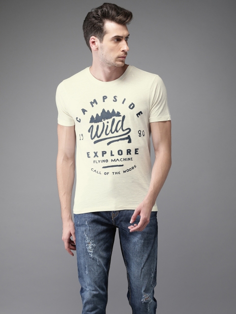 

Flying Machine Men Cream-Coloured Printed Pure Cotton T-shirt