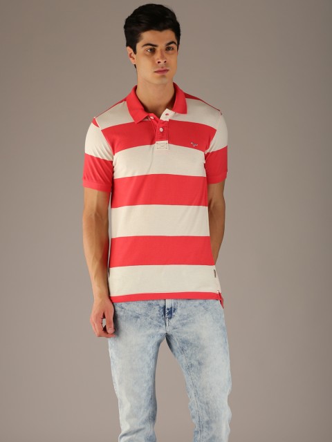 

Flying Machine Men Coral Striped Polo Collar T-shirt