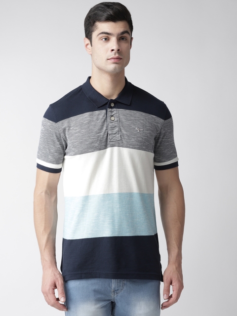 

Flying Machine Men Blue & Off-White Colourblocked Polo Collar T-shirt