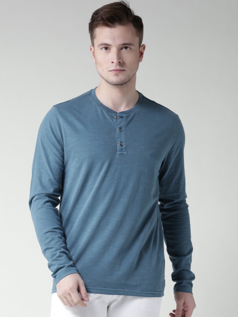 

Aeropostale Men Teal Blue Solid Henley Neck T-shirt