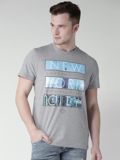 

Aeropostale Men Grey Melange Printed Round Neck Pure Cotton T-shirt
