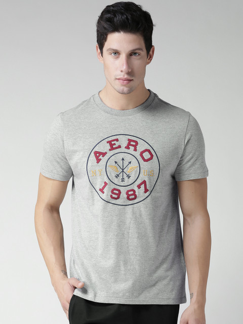 

Aeropostale Men Grey Melange Embroidered Round Neck T-shirt