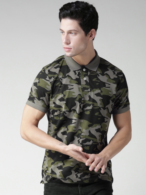 

Aeropostale Men Olive Green Camouflage Print Polo Collar T-shirt