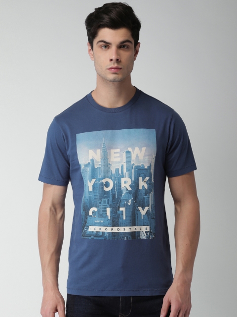 

Aeropostale Men Blue Printed Round Neck Pure Cotton T-shirt
