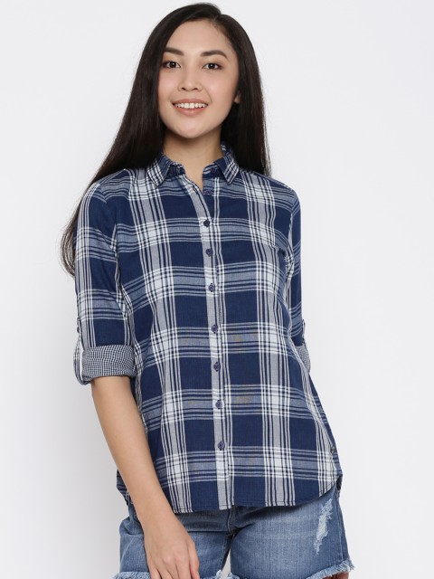 

U.S. Polo Assn. Women Navy & White Regular Fit Checked Casual Shirt, Navy blue