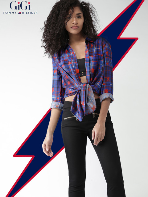 

Tommy Hilfiger Women Blue & Red Regular Fit Checked Casual Shirt