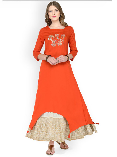 

Varanga Women Orange & White Embroidered Kurta with Skirt