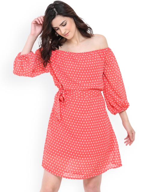 

Trend Arrest Women Coral Pink & White Pola Dot Print Fit and Flare Dress