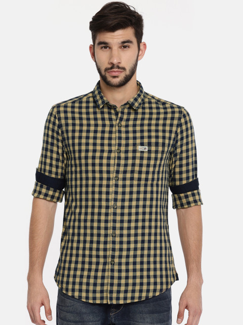 

U.S. Polo Assn. Denim Co. Men Mustard Yellow & Navy Blue Checked Casual Shirt
