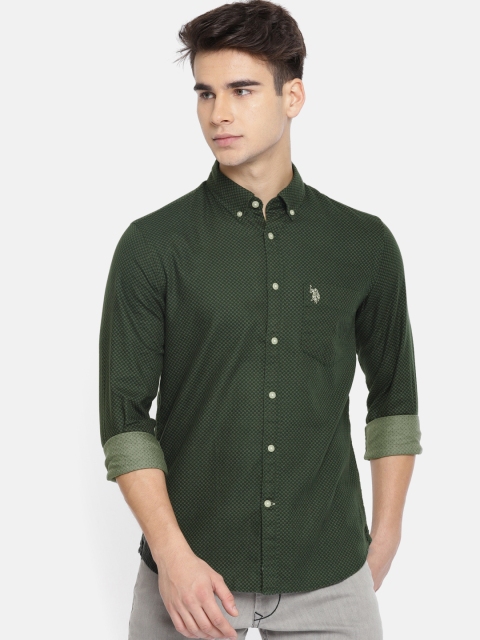 

U.S. Polo Assn. Men Olive Green Tailored Fit Printed Casual Shirt