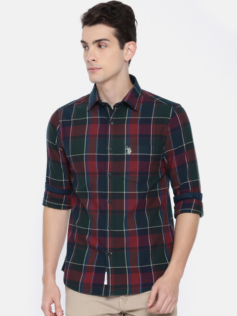 

U.S. Polo Assn. Men Green & Maroon Tailored Fit Checked Casual Shirt