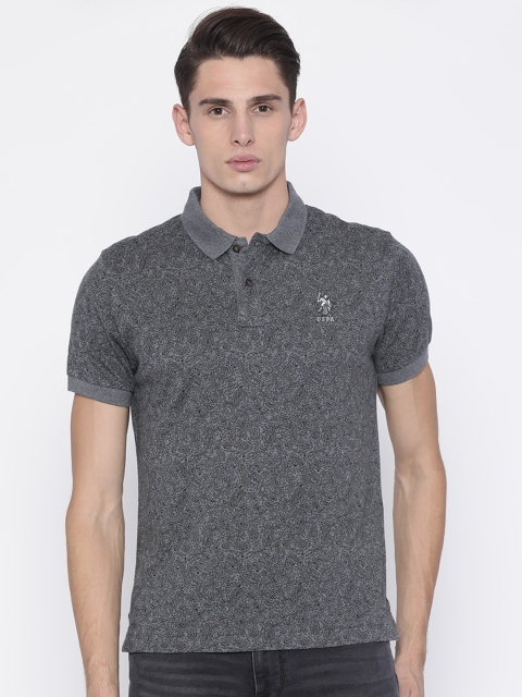

U.S. Polo Assn. Denim Co. Men Charcoal Grey & Black Printed Polo T-shirt