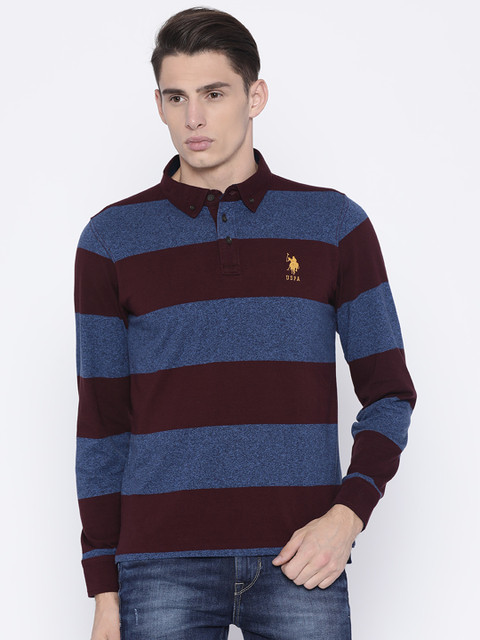 

U.S. Polo Assn. Men Maroon & Blue Striped Polo Collar T-shirt
