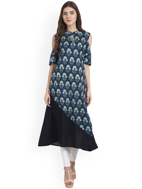 

Nayo Women Teal Blue & Black Floral Print A-Line Kurta