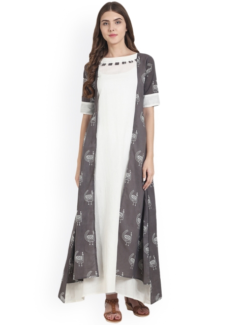 

Nayo Women Grey & White Printed A-Line Kurta