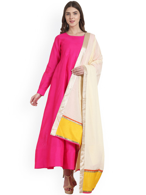 

Pink dupion full sleeve anarkali kurta with off white Cotton dupatta