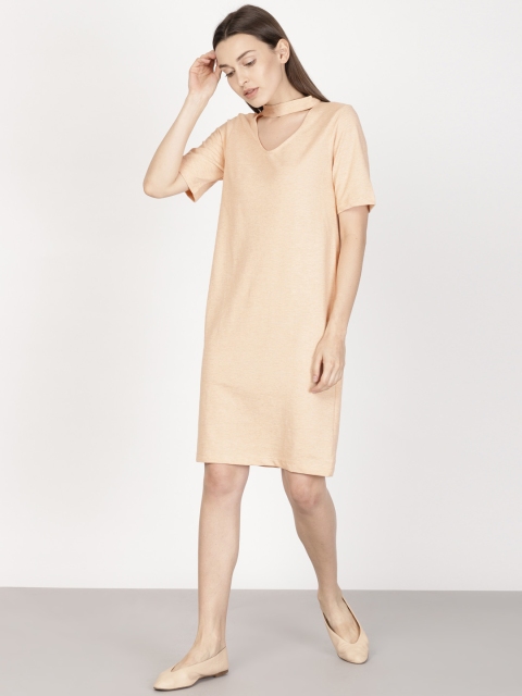 

ether Women Peach Solid Choker Neck A-Line Dress