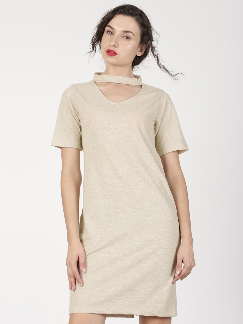 

ether Women Beige Solid T-shirt Dress