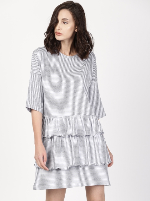 

ether Women White & Blue Striped Ruffled T-shirt Dress