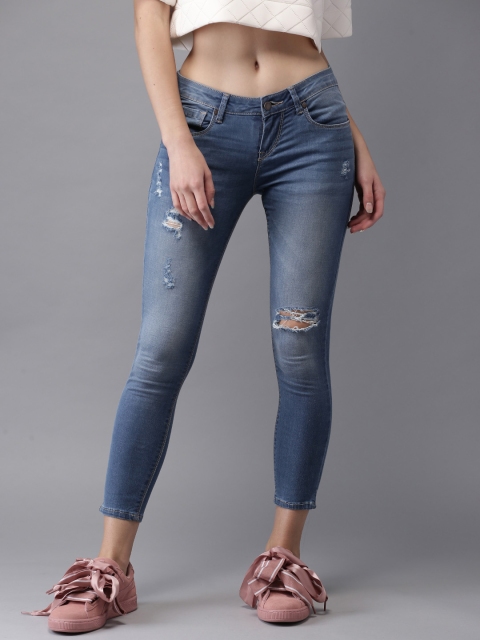 

HERE&NOW Women Blue Skinny Fit Mid-Rise Cropped Mildly Distressed Stretchable Jeans