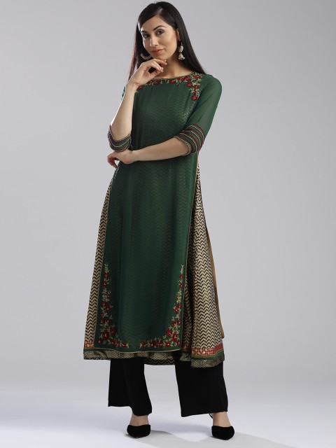 

WISHFUL by W Women Green & Beige Layered Printed A-Line Kurta